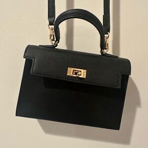 Kelly Style Black Leather Crossbody Top-Handle Bag with Gold Hardware
